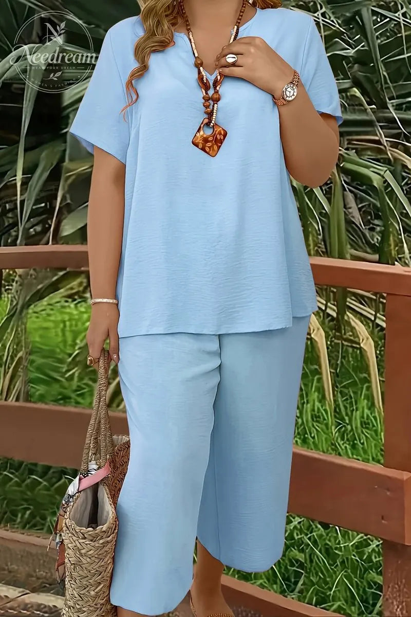 Elegant Plus Size Women's Solid Color Short Sleeve Fashion Top & Casual Wide Leg Pants Set
