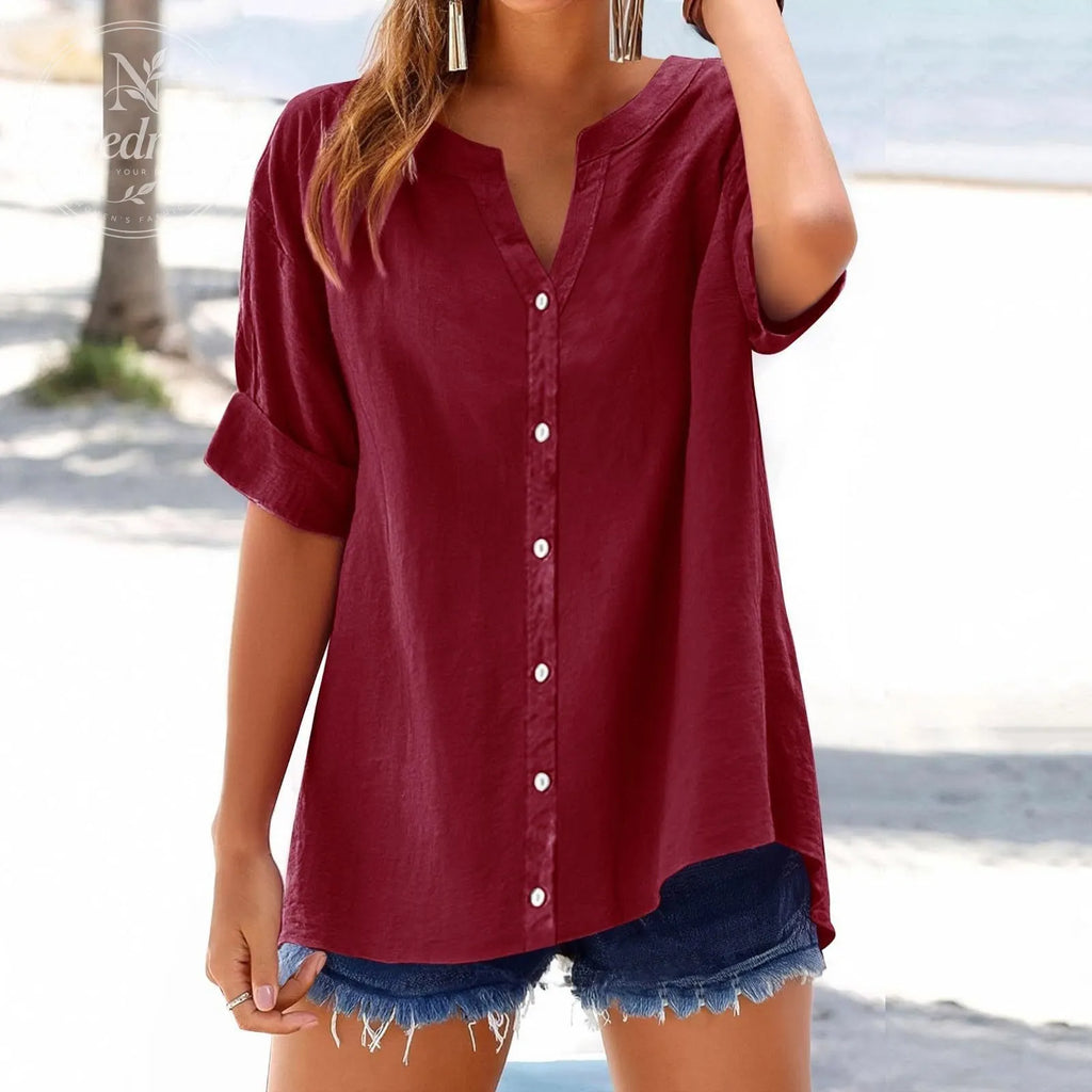 Women's Linen Casual Loose-Fit Button-Up V-Neck Shirt
