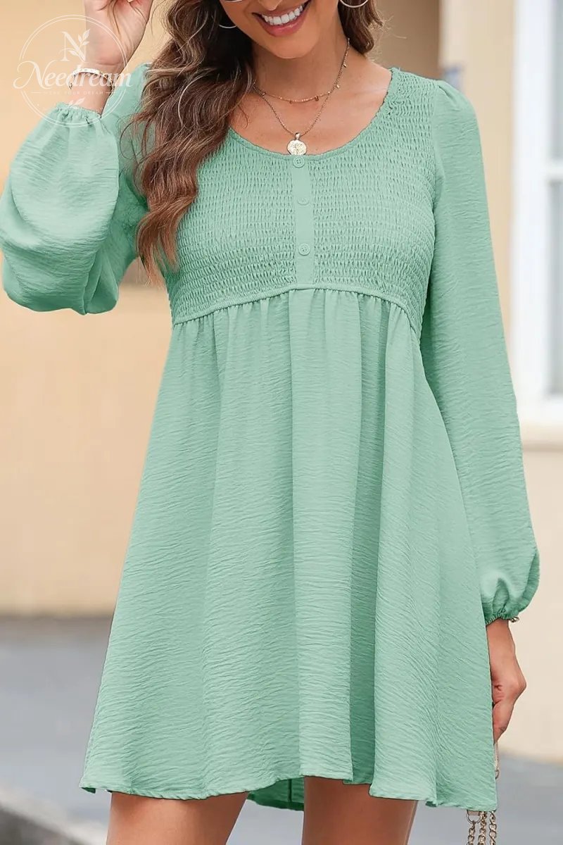 Smocked Crewneck Button Up Long Sleeve Empire Waist A-Line Mini Dress