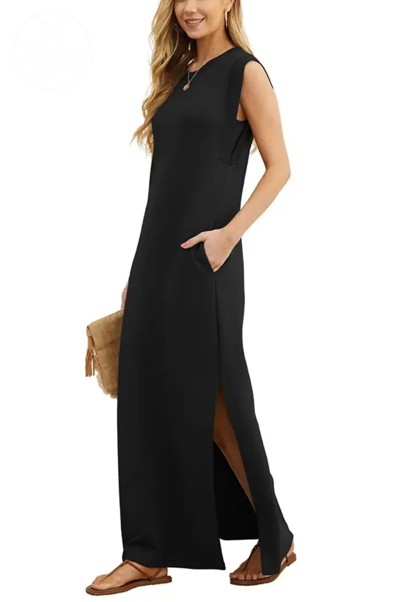 Women Summer Round Neck Casual Loose Split Wrinkle-Free Long Maxi Vacation Dress with Pockets