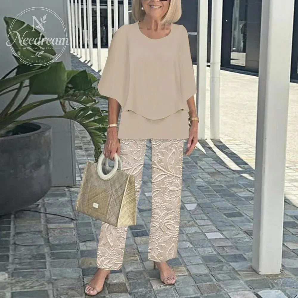 Women's Round Neck Mid-Sleeve Top With Floral Print Pants Set Two-Piece