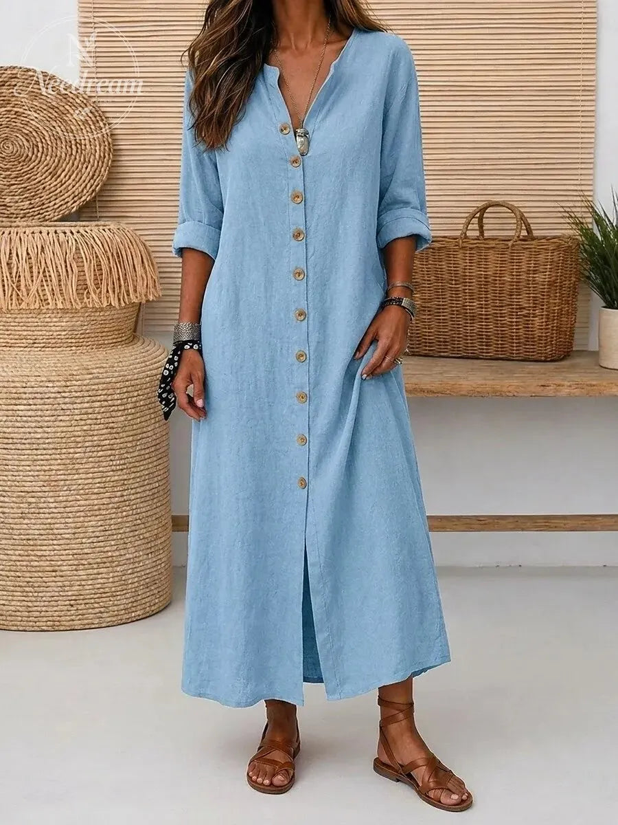 Women'S Vintage Long Sleeve V Neck Slant Pocket Button Front Linen Maxi Dress