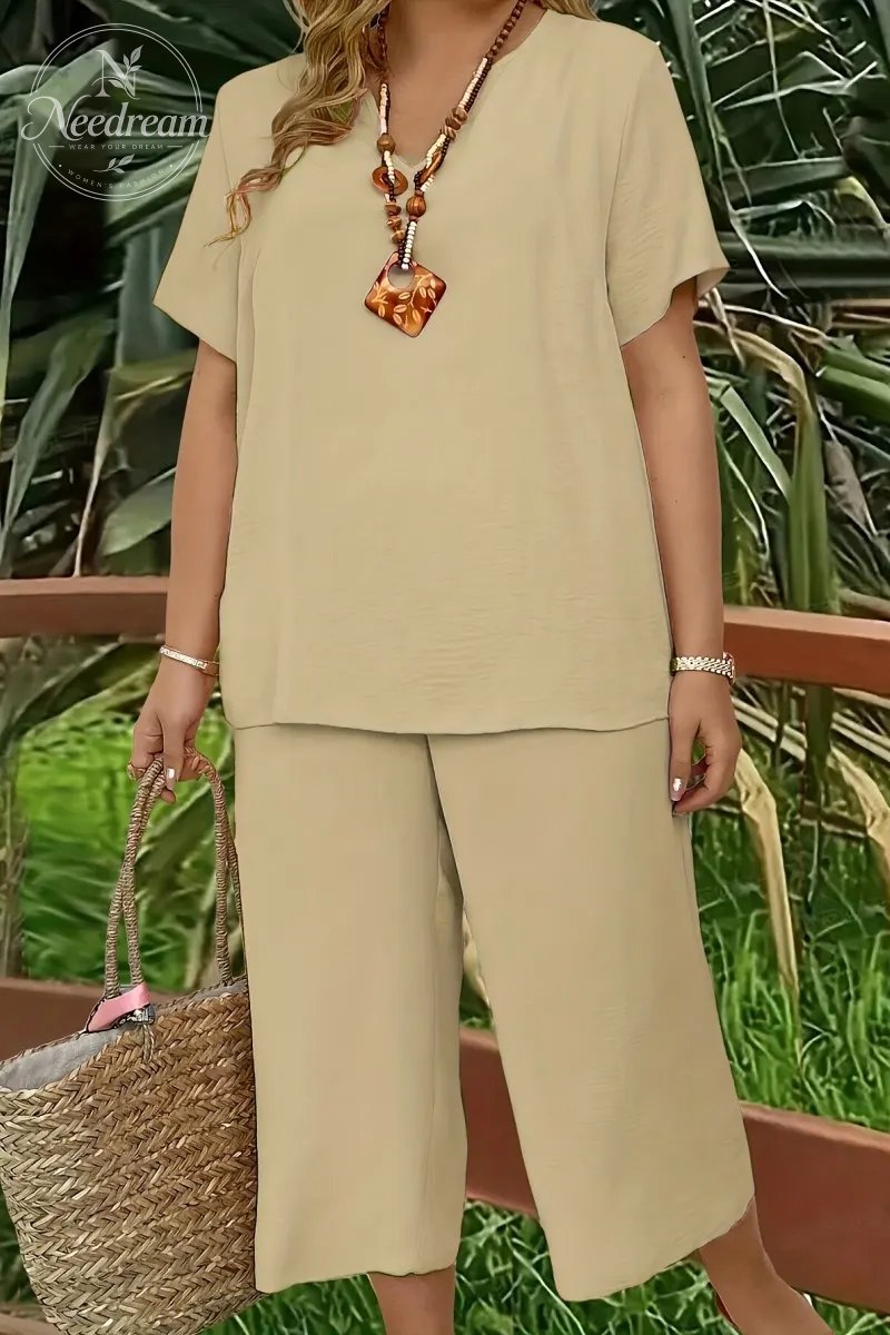 Elegant Plus Size Women's Solid Color Short Sleeve Fashion Top & Casual Wide Leg Pants Set