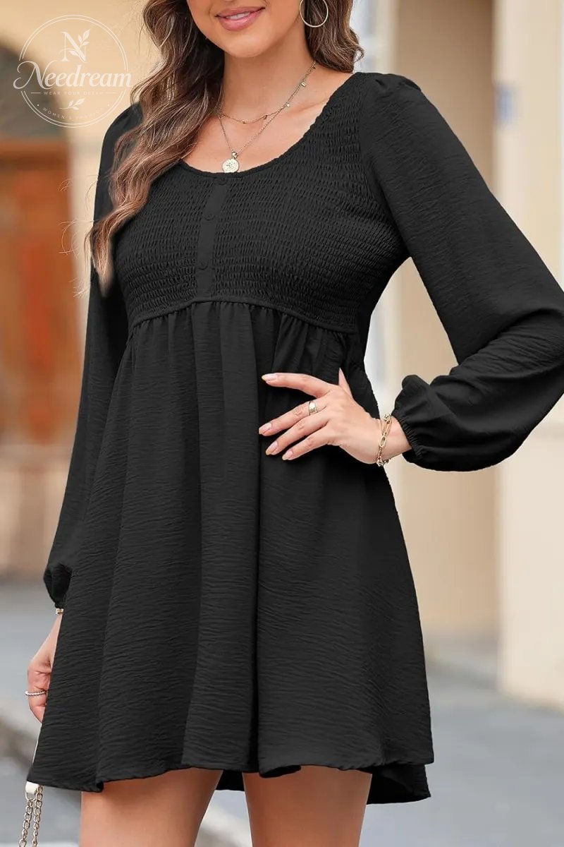 Smocked Crewneck Button Up Long Sleeve Empire Waist A-Line Mini Dress