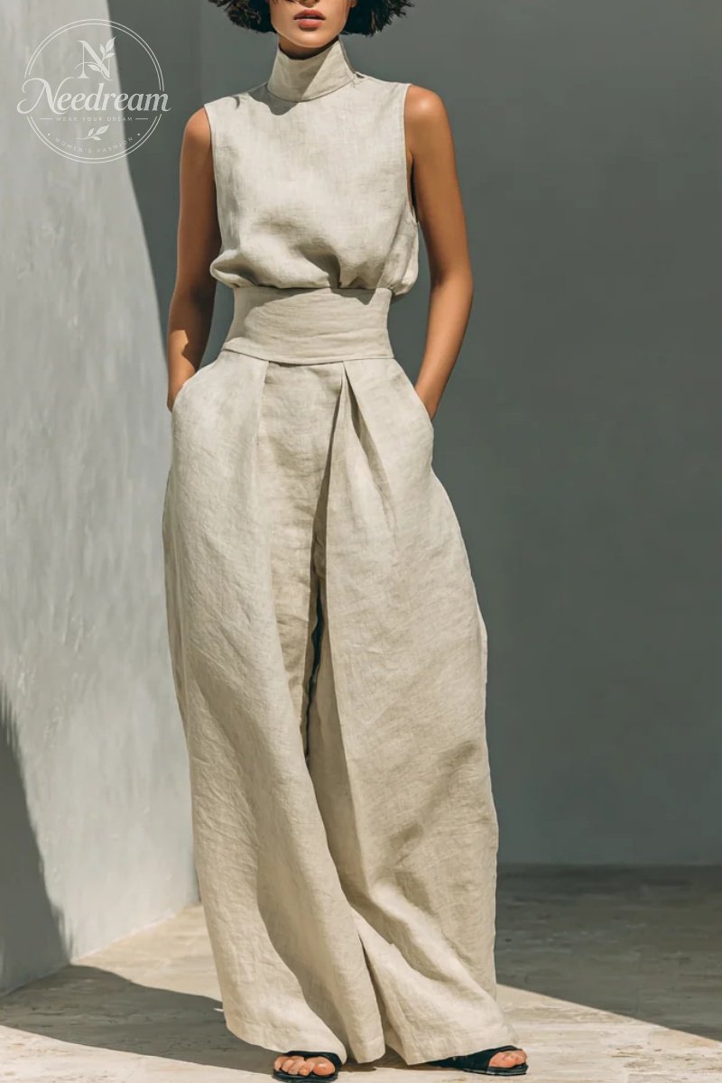 Women's Minimalist Cotton And Linen Blend Sleeveless Blouse And Wide-leg Pants Set