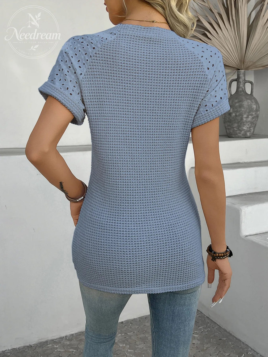 Hollow Out Waffle Knit Short Sleeve T- Shirt