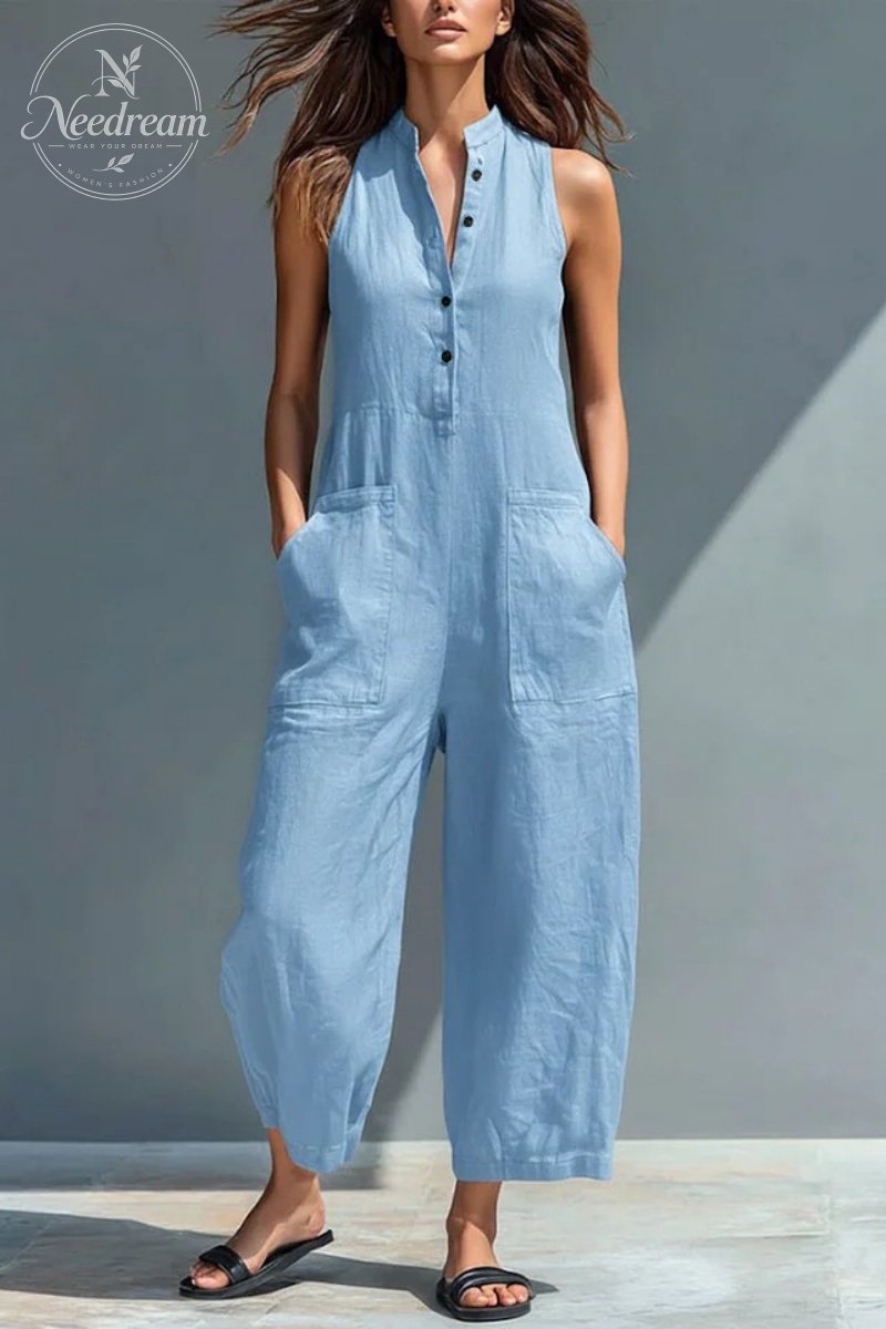 Women's Minimalist Linen Blend Button-up Stand-collar Sleeveless Loose Jumpsuit