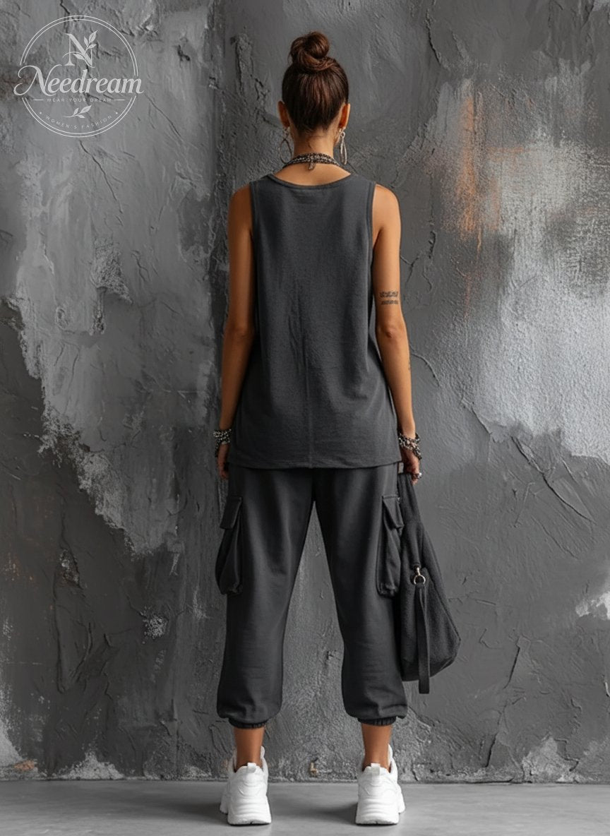 Women's Casual Style Dark Gray Cotton Blend Sleeveless Top + Jogger Cargo Pants Set