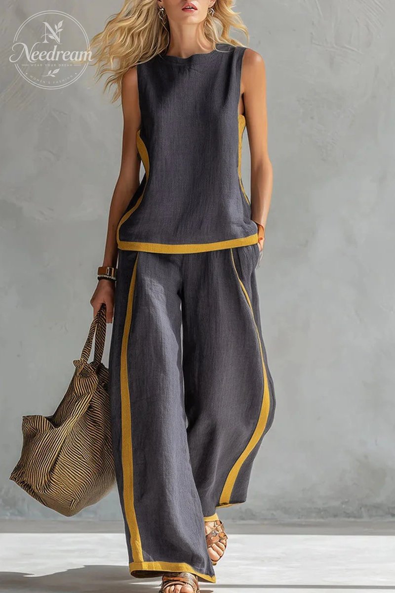 Women's Two Tone Trim Vest & Wide Leg Pants 2Pcs Set