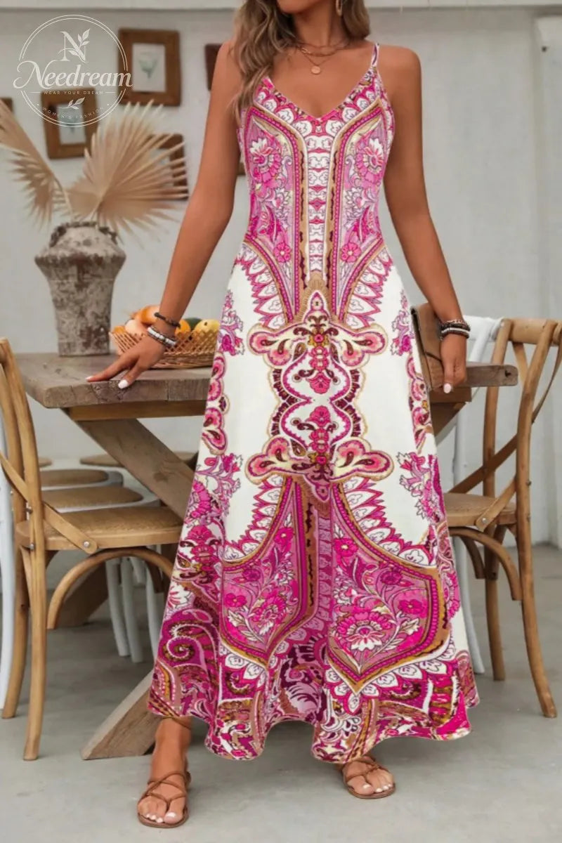 Women's Floral Print Dress, Boho Sleeveless Spaghetti Strap Maxi Dress