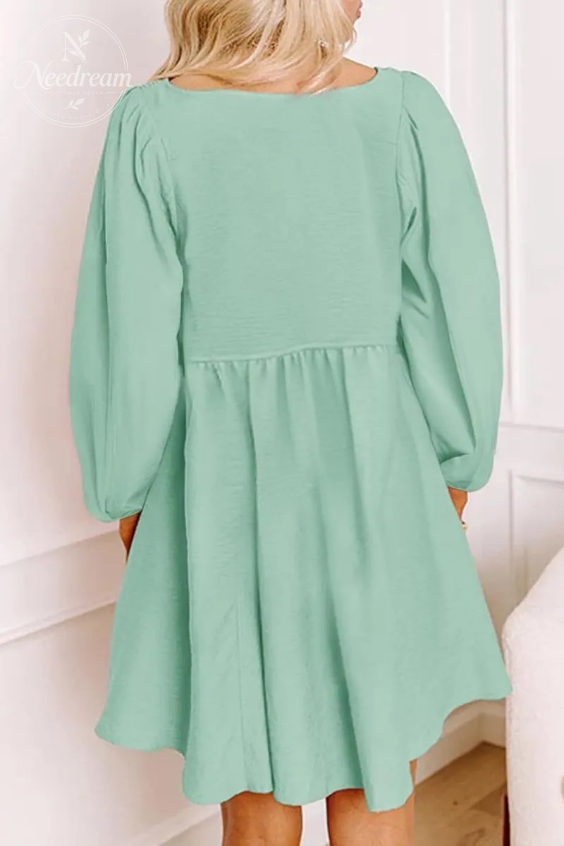 Smocked Crewneck Button Up Long Sleeve Empire Waist A-Line Mini Dress