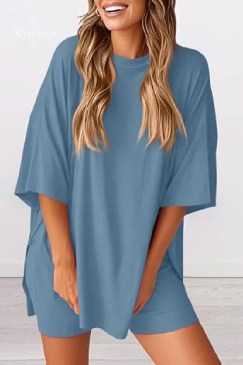 Women 2 Piece Outfits Crew Neck Oversized Tshirts and Biker Shorts with Pocket Matching Lounge Sets