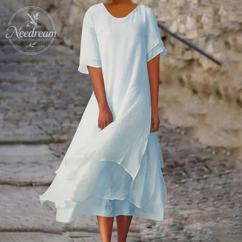 Women'S Round Neck Irregular Hem Midi Dress