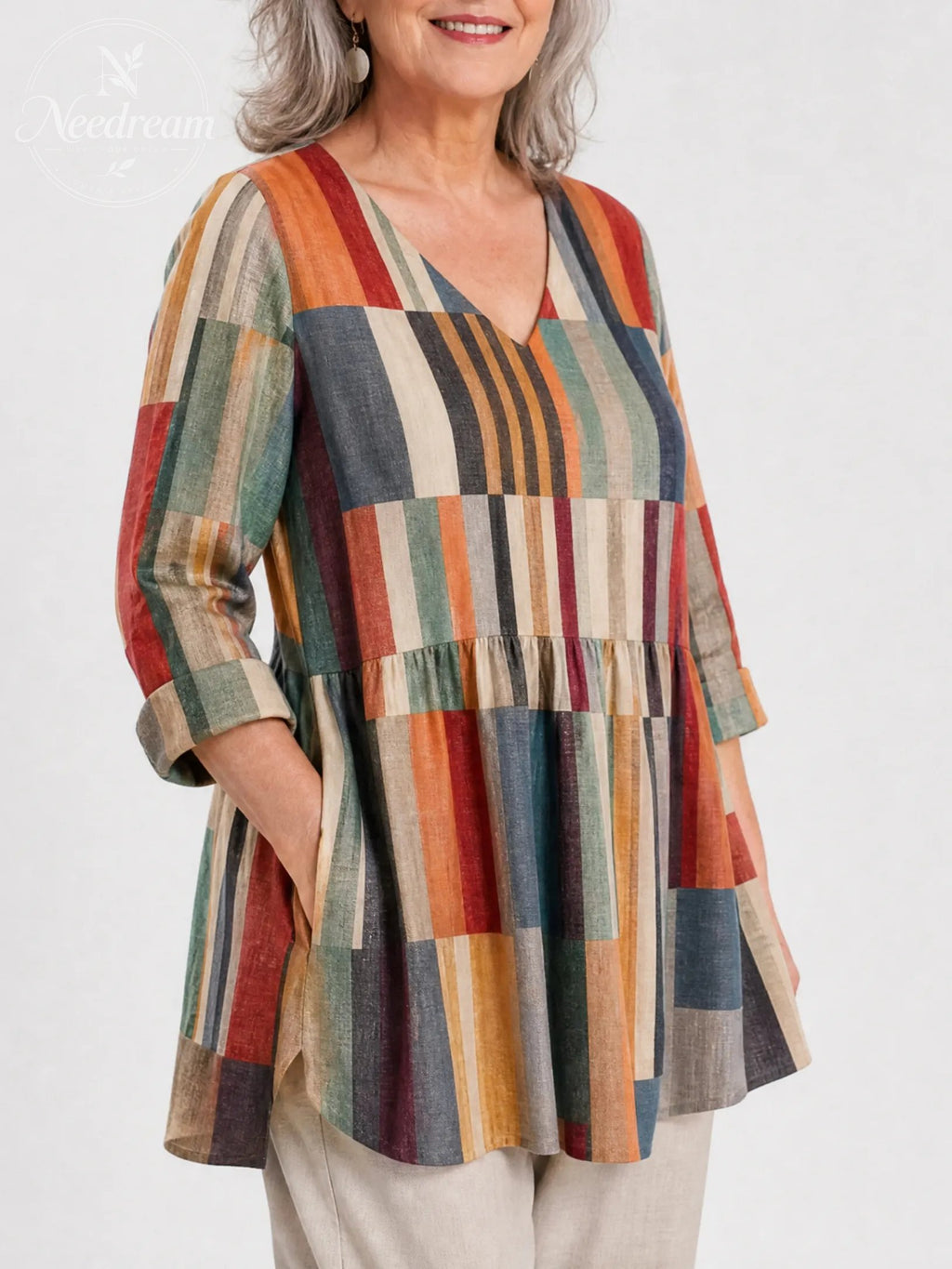 Women'S Geometric Print V-Neck Long-Sleeve Long Shirt