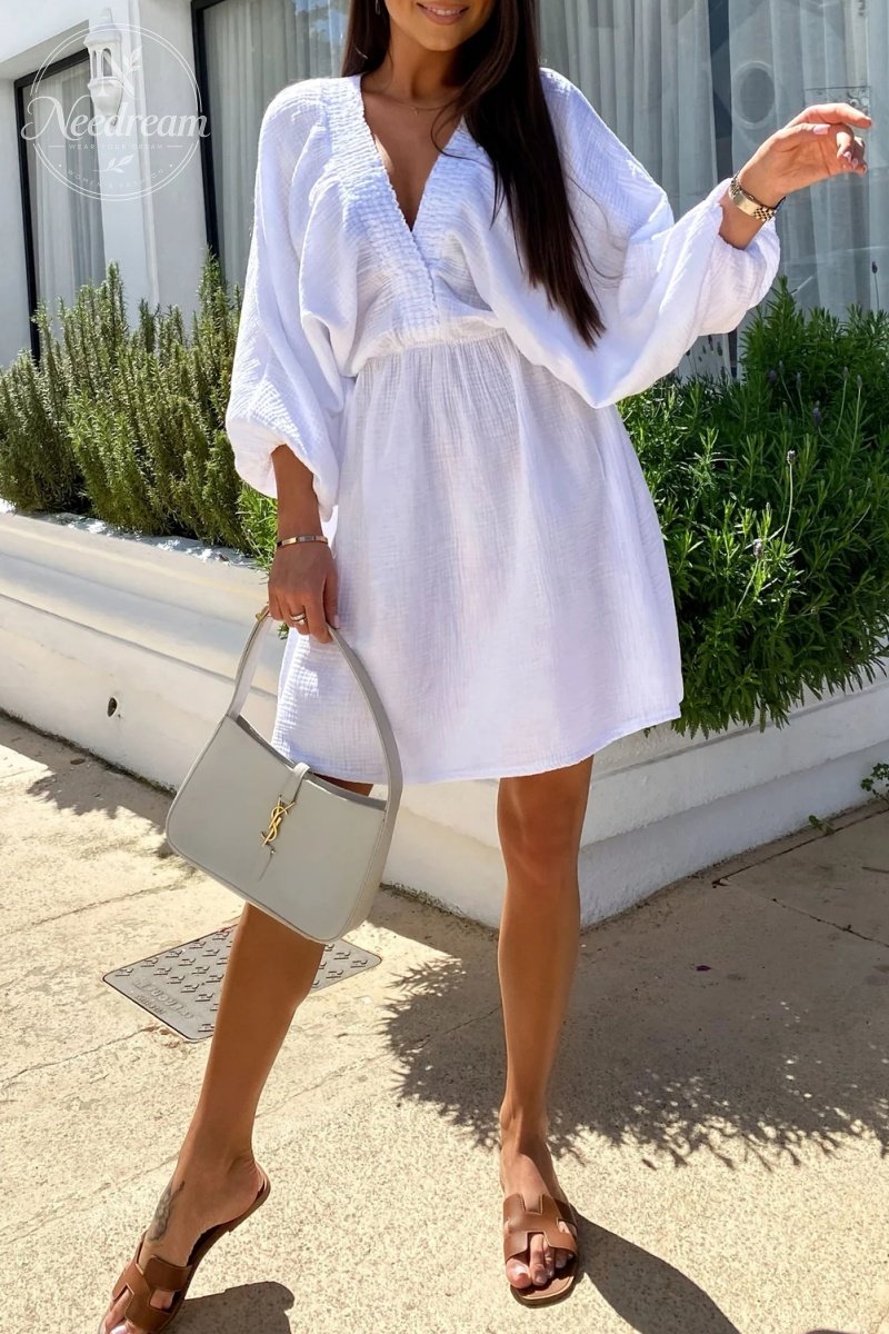 Cheesecloth Ruched Detail V-Neck Dress