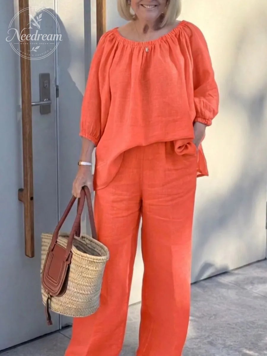 Women'S Linen Shirt And Trousers Two-Piece Set