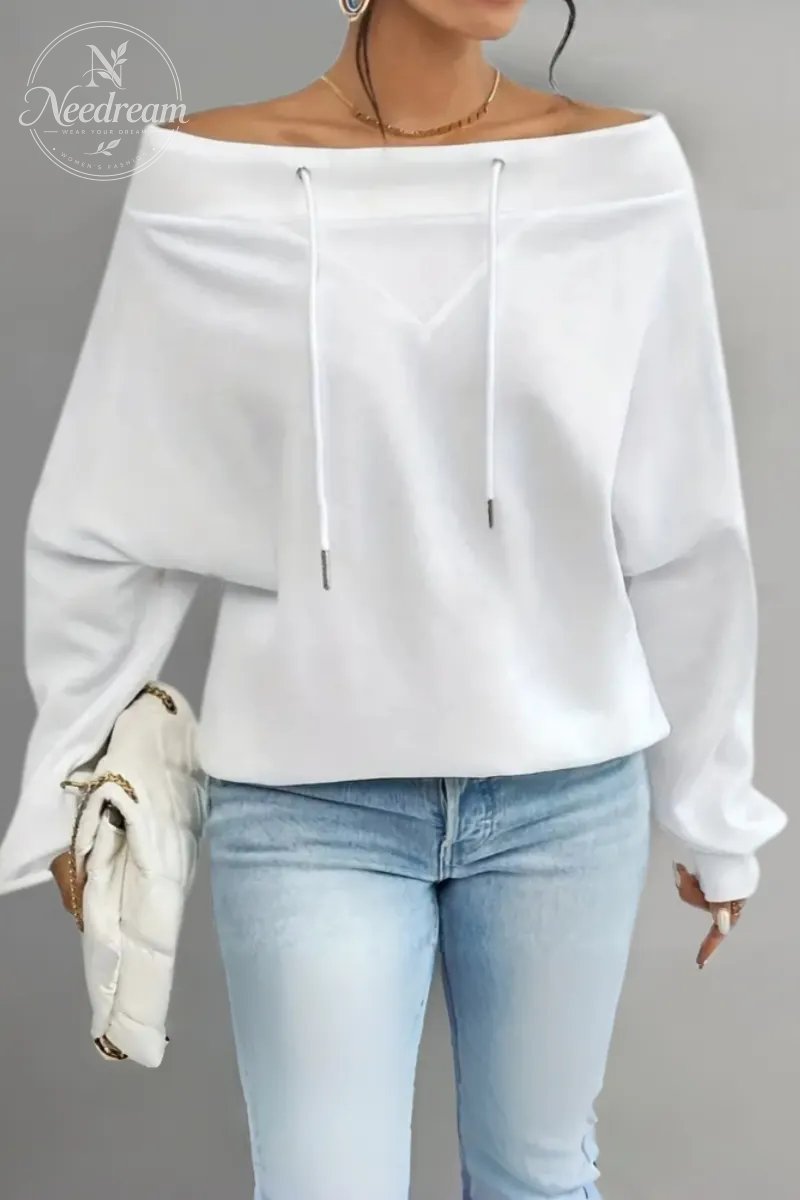 Women's Casual Off Shoulder Drawstring Batwing Sleeve Sweatshirt
