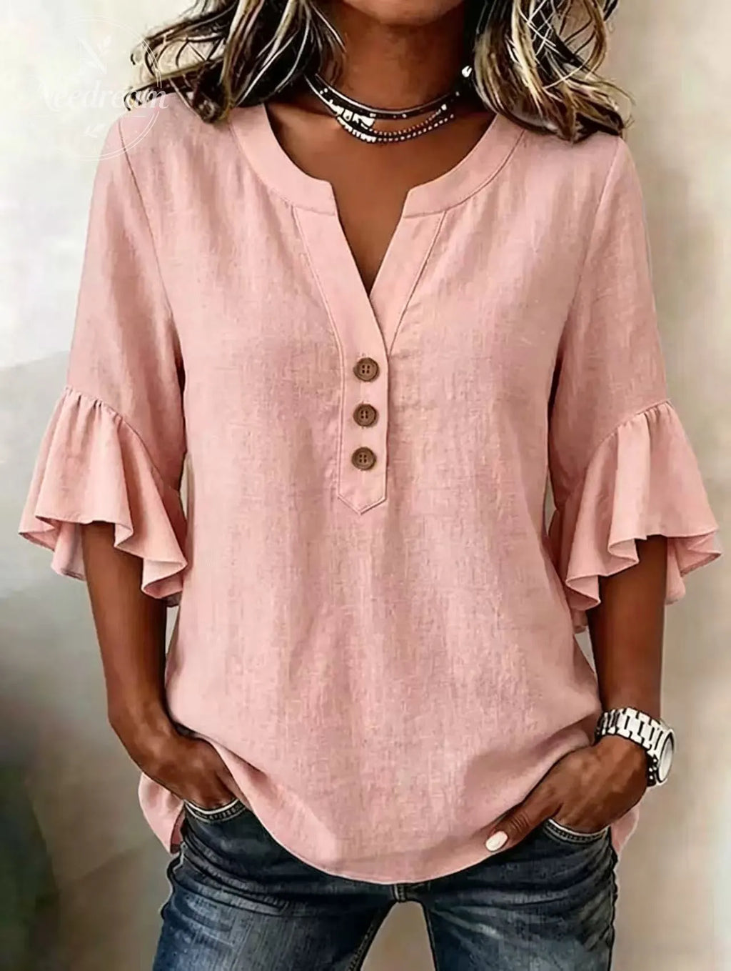 Women'S Solid-Color V-Neck 3/4-Sleeve Casual Loose Cotton-Linen Top