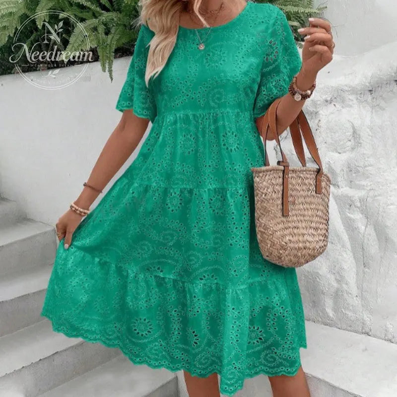 Women'S Solid Round Neck Floral Embroidered Lace Cutout Dress