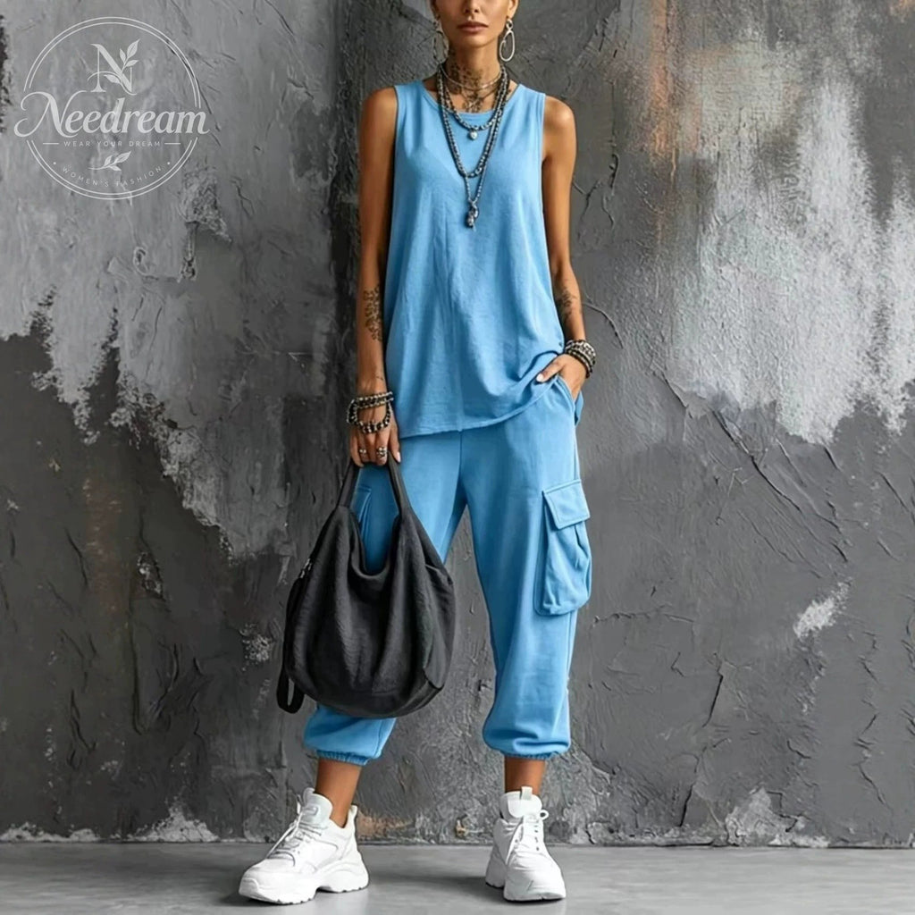Women's Casual Style Dark Gray Cotton Blend Sleeveless Top + Jogger Cargo Pants Set