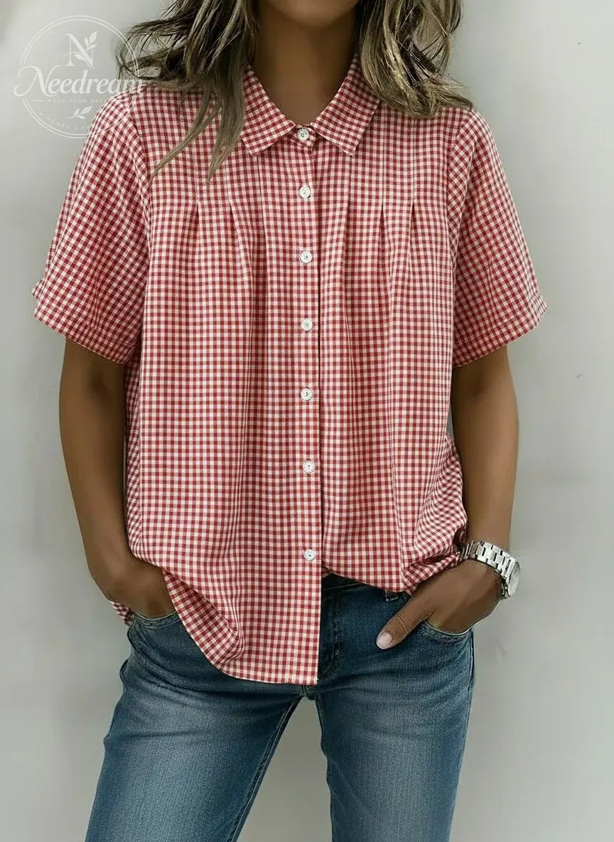 Women's Casual Gingham Checkered Shirt - Relaxed Fit Plaid Blouse