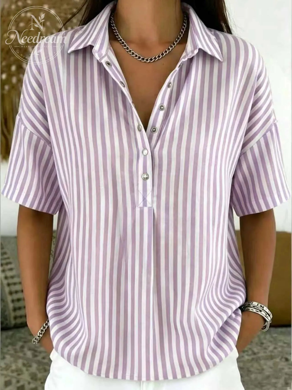 Women‘s Casual Striped Polo Collar Snap Buttons Cotton-linen Shirt