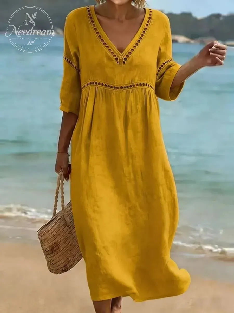 Women Cotton Maxi 3/4 Sleeve V Neck Pleated Lace Dress