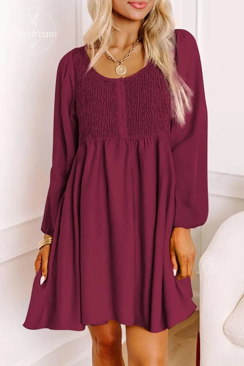 Smocked Crewneck Button Up Long Sleeve Empire Waist A-Line Mini Dress