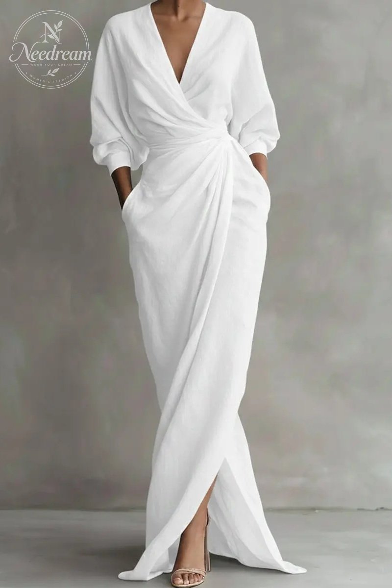 Women'S Pink Minimalist V-Neck Linen Blend Maxi Dress