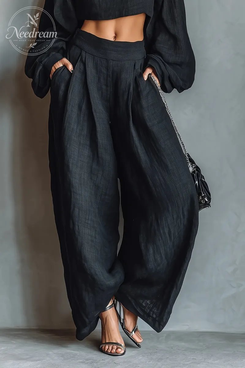 Women's Minimalist Linen Blend Strapless Long-sleeved Blouse And Wide-leg Pants Set