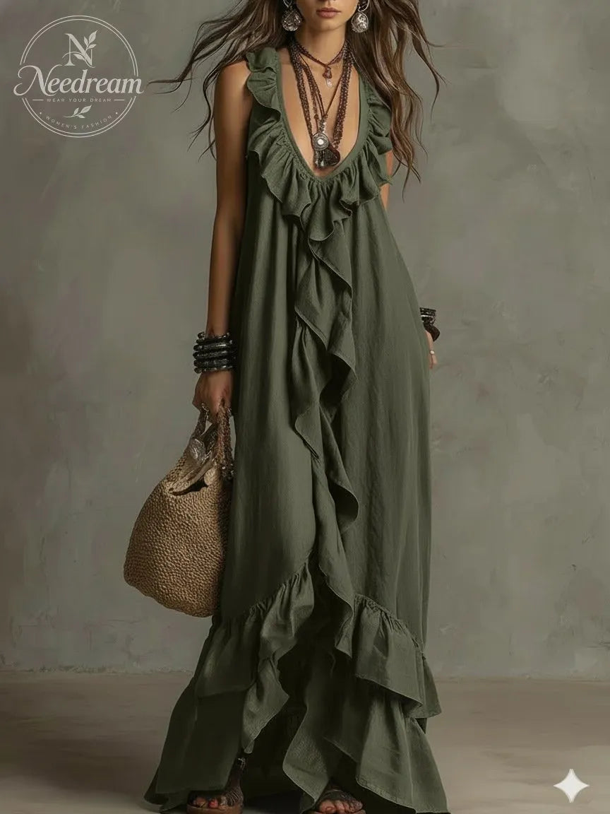 Elegant Bohemian V Neck Ruffle Maxi Dress