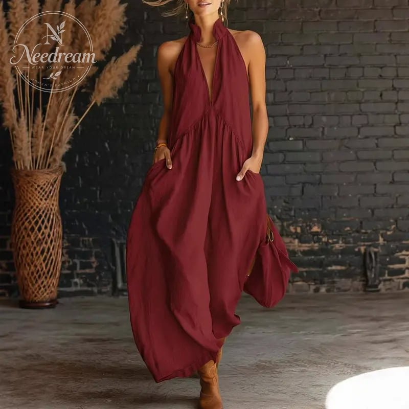2026 Minimalist Halter Neck Maxi Dress | Casual Loose Fit Summer Dress with Pockets for Women