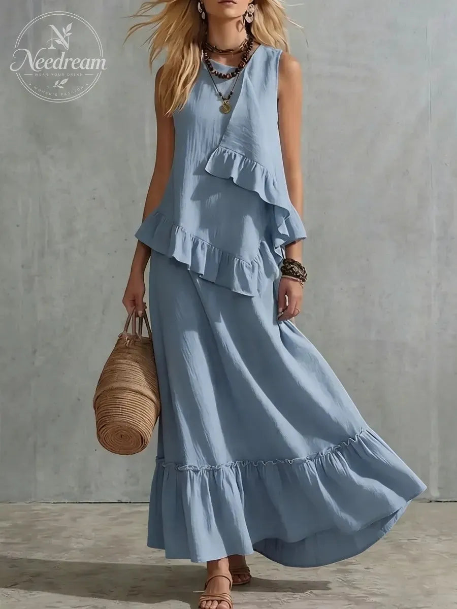 Women'S Sleeveless Round Neck Solid Color Cotton And Linen Dress