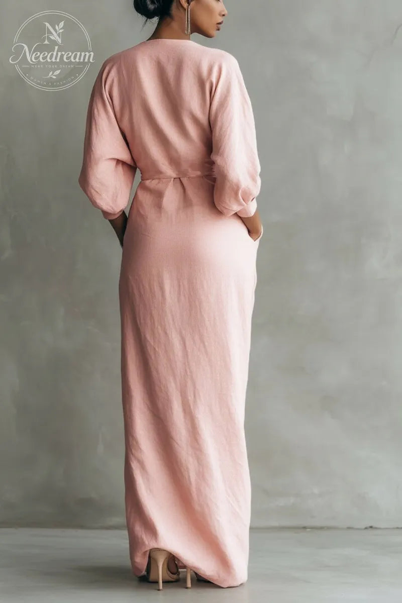 Women'S Pink Minimalist V-Neck Linen Blend Maxi Dress