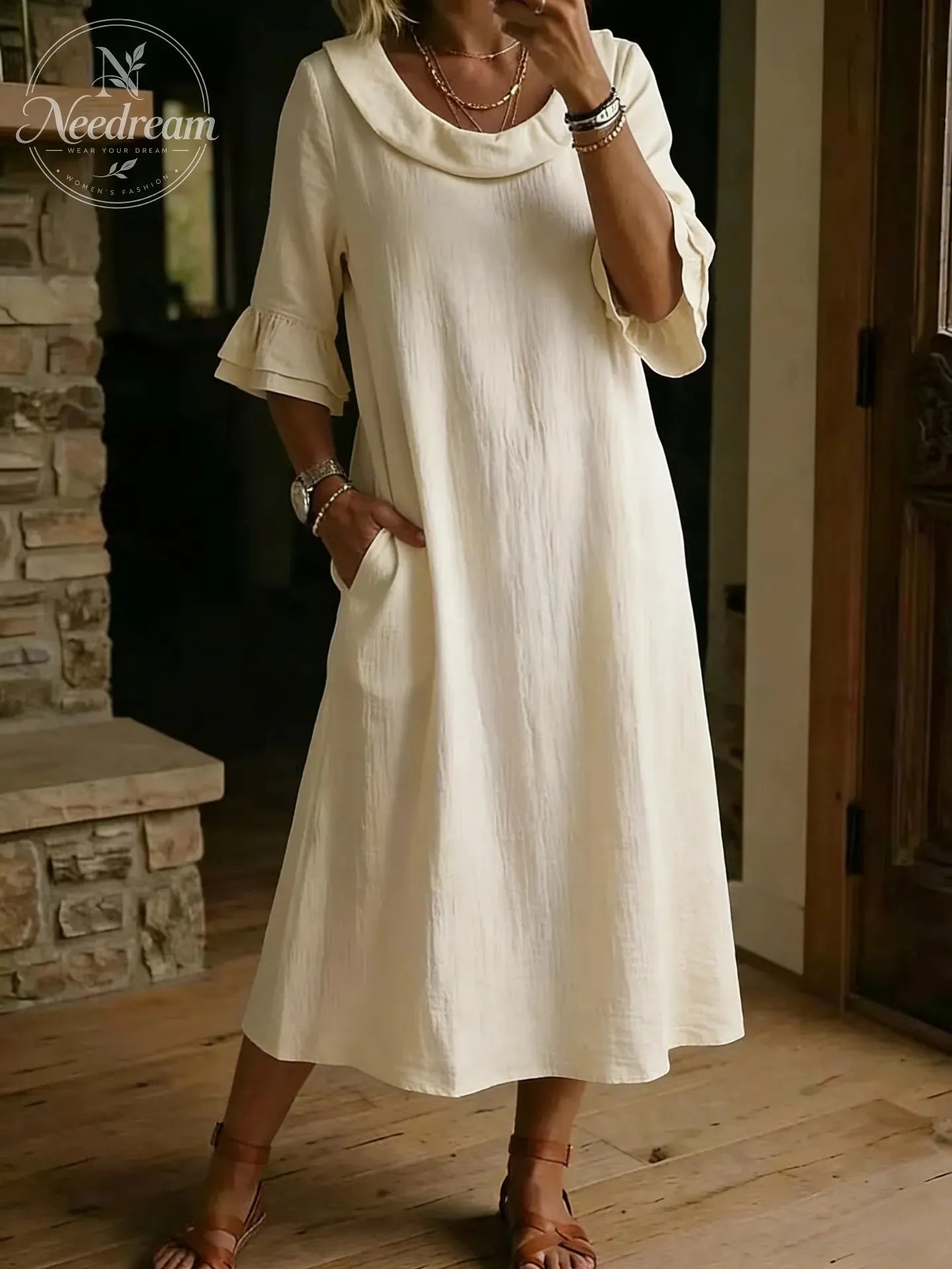 Cotton Linen Neck Ruffle Casual Dress