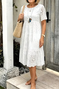 Women'S Solid Round Neck Floral Embroidered Lace Cutout Dress