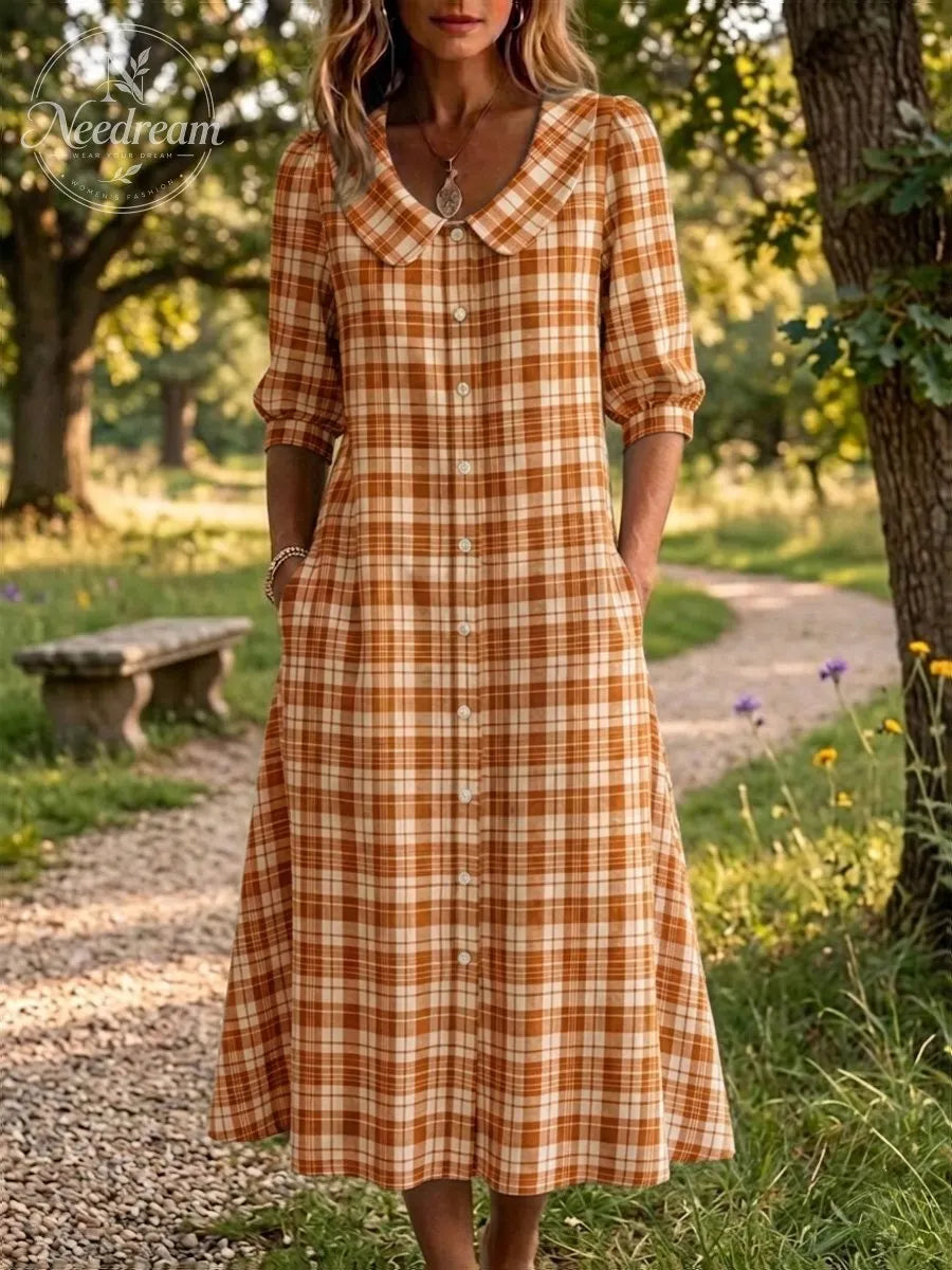 Clearance Sale🔥 Women's Retro Peter Pan Collar Stripe Print Cotton Linen Dress