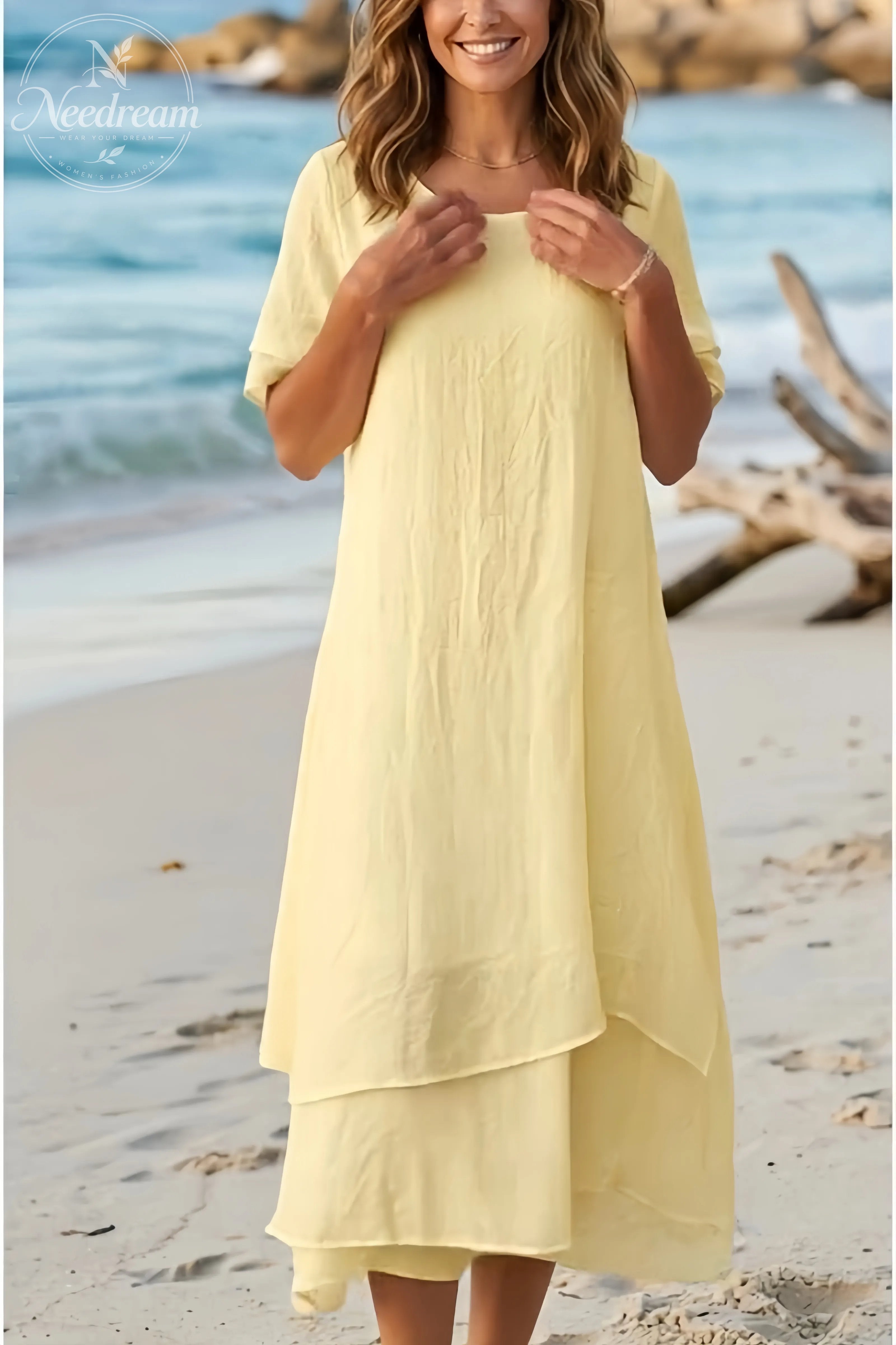 Women'S Round Neck Irregular Hem Midi Dress