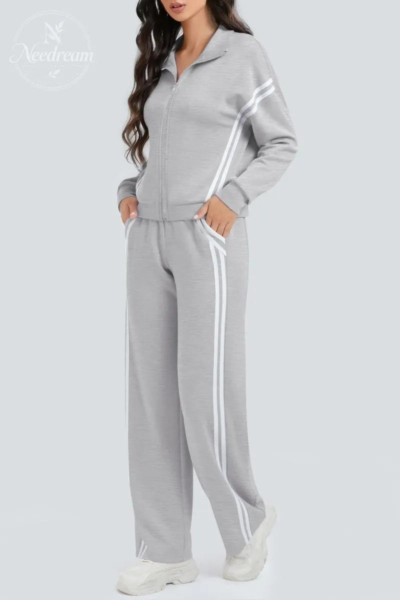 Zippered Tracksuit With Color-blocked Striped Wide-leg Pants