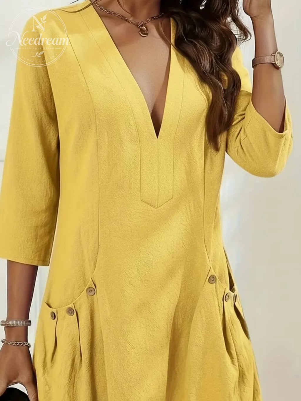 Solid Color Casual V-Neck Loose Dress