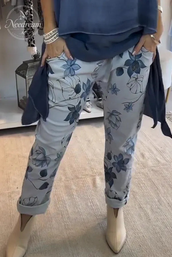 Women'S Floral Print Elastic Waist Casual Pocket Pants  (With Pockets)