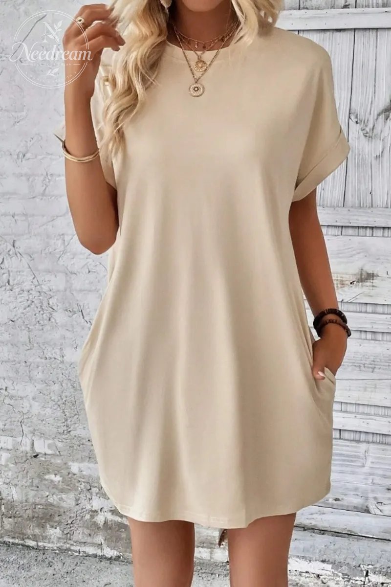 Casual Minimalist Round Neck Roll Up Sleeve Dress