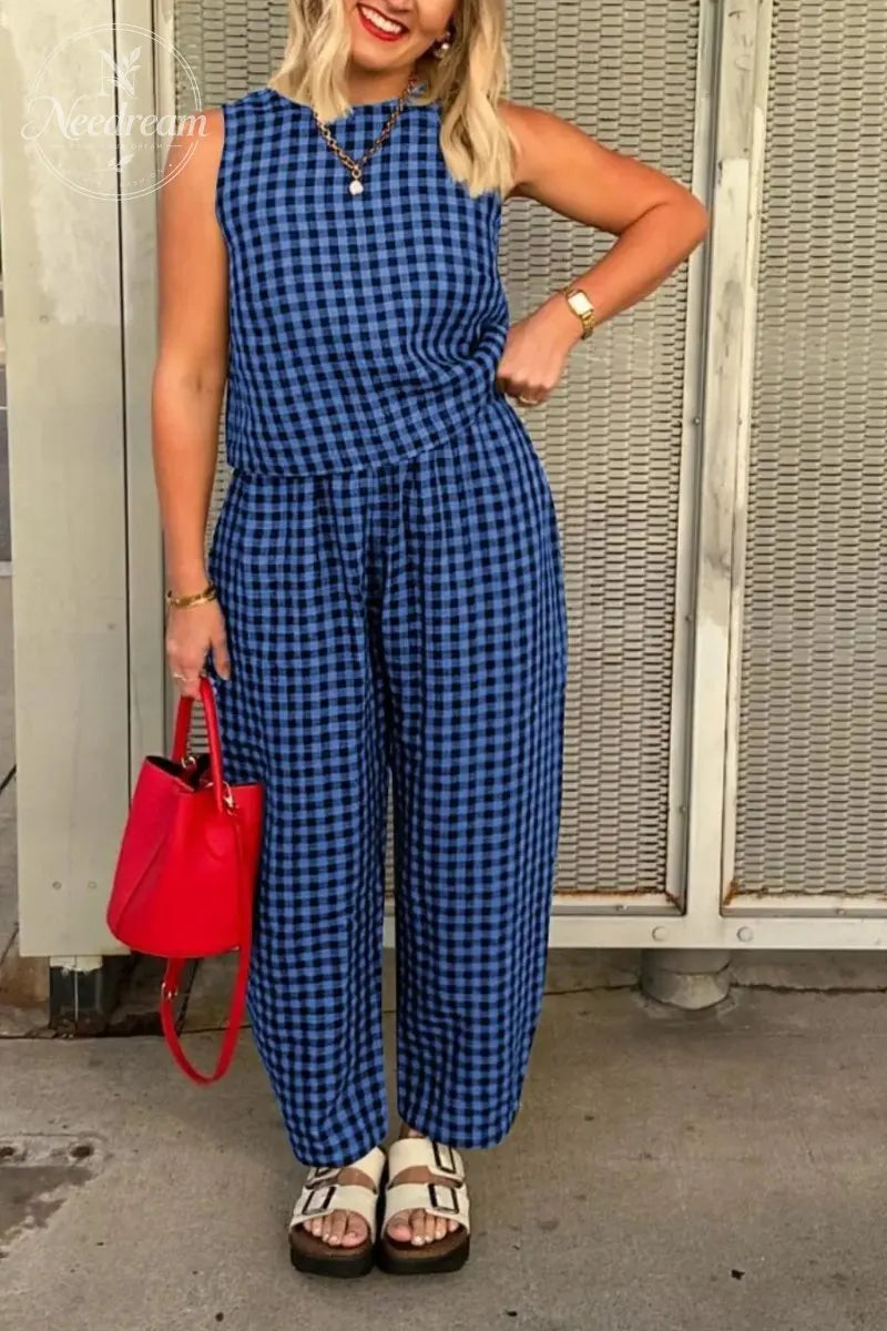 Summer New Women's 2 Piece Set Cotton Plaid Crop Top Loose Fit Pocket Nine-Tenths Pants
