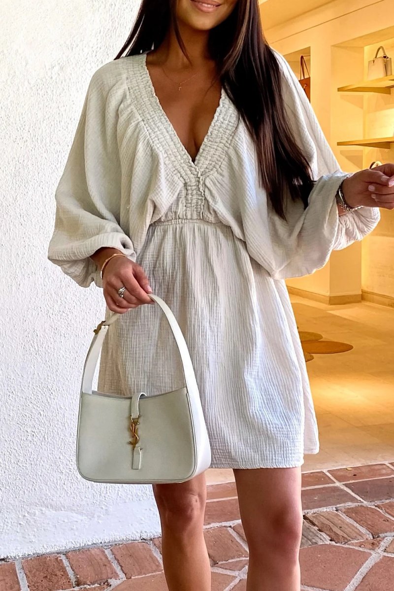 Cheesecloth Ruched Detail V-Neck Dress