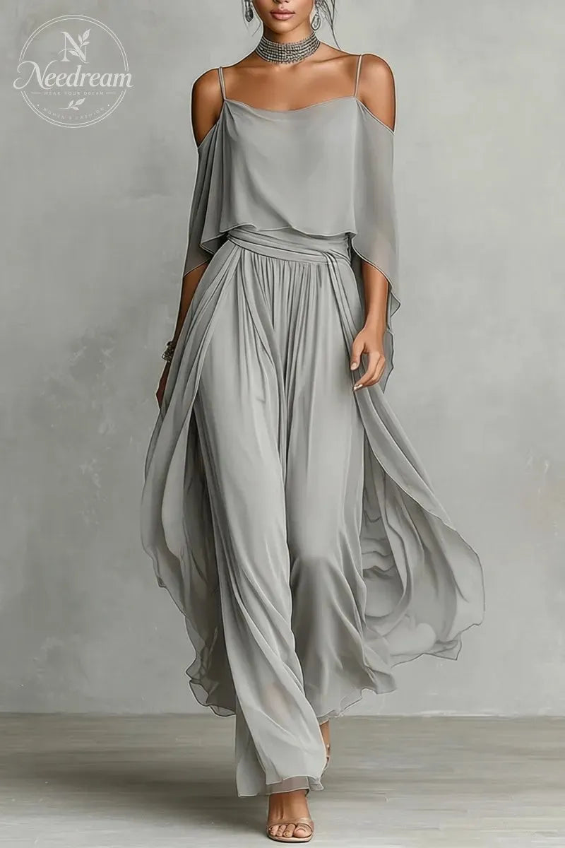 Women's Grey Breathable Chiffon Set With Cold-Shoulder Detail & Flared Silhouette, Contemporary Luxury-Feminine Style Set