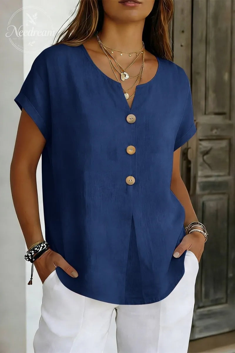 Decor Button Short Sleeve Blouse