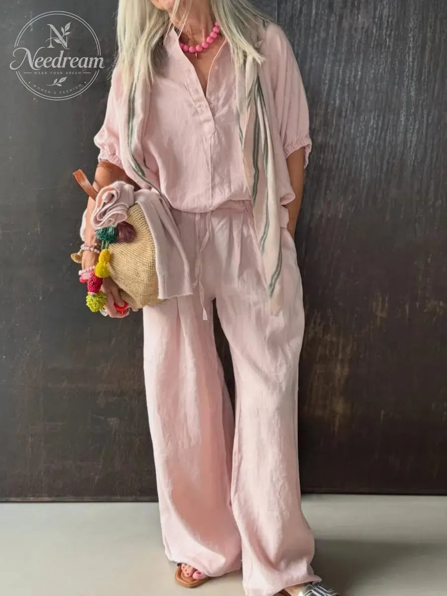 Women'S Loose-Fitting Pink Linen Set