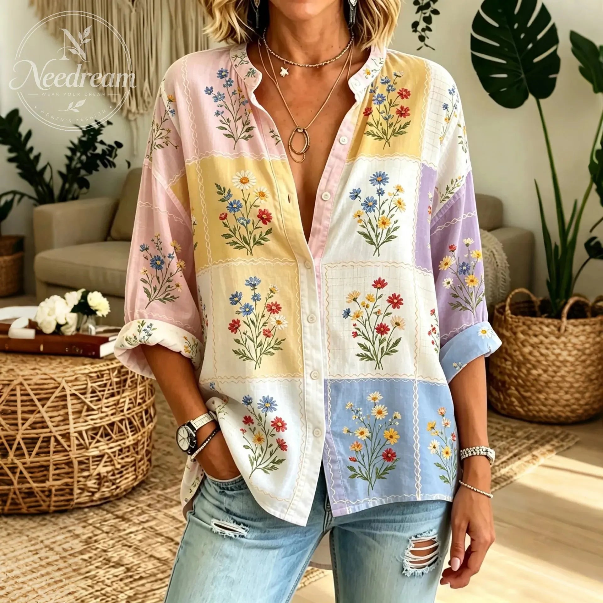 Women's Floral Patchwork Art Print Long Sleeve Shirt