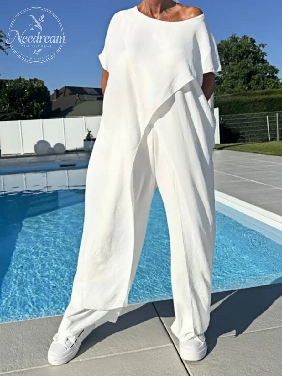 🌸Solid Color Off-Shoulder Top & Pants Set