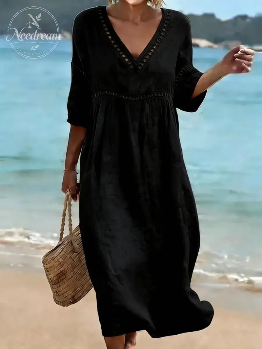 Women Cotton Maxi 3/4 Sleeve V Neck Pleated Lace Dress